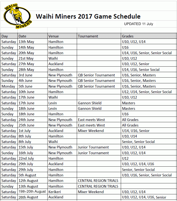 Games Schedule For 2017